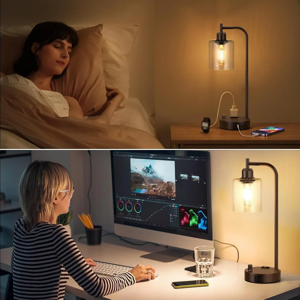 Industrial Table Lamps Set of 2 - Dimmable Bedside Lamps with USB & Outlet, Brown Nightstand Lights for Living Room, Office Reading view 5