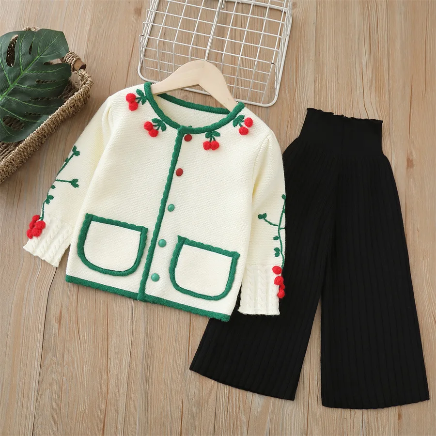 Children\'s Clothing Sets Cherry Knit Cardigan and Wide-leg Pants 2pcs Knit Sweater Kids Clothes Girls Winter Pullovers for Kids