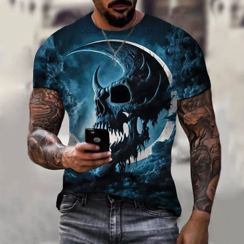 Men's Summer O-Neck Street Retro Short Sleeve Tee Skull Pattern 3D Printing Leisure Fashion Men Ventilate Tops Clothing 2024 New