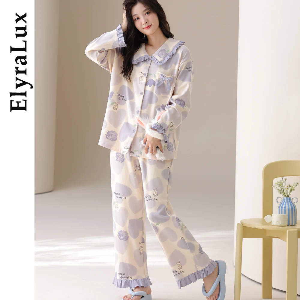

ElyraLux Spring Autumn Long Sleeve Open Cardigan Cotton Sleepwear Women's Casual Home Clothes Set Korean Cartoon Cute Homegwear