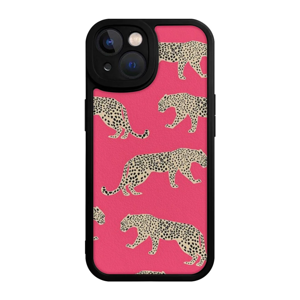 Pink Leaping Leopard Phone Case For iPhone 15 Pro Max Plus Soft  Silicone Cover