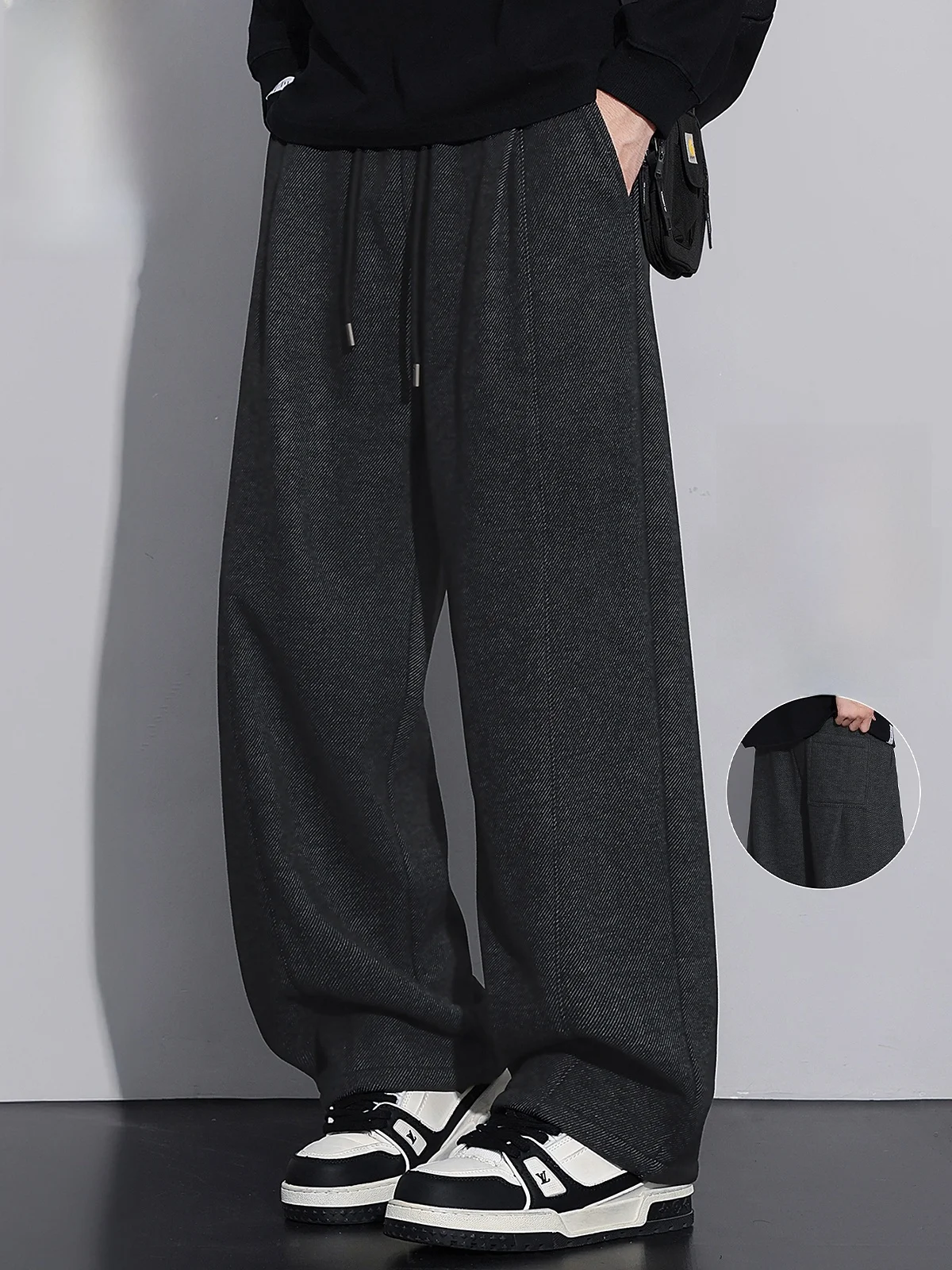 

Men's Woolen Casual Pants Thiened Warm Loose Straight Leg Long Trousers Spring Autumn New Sle Faionable Straigh...