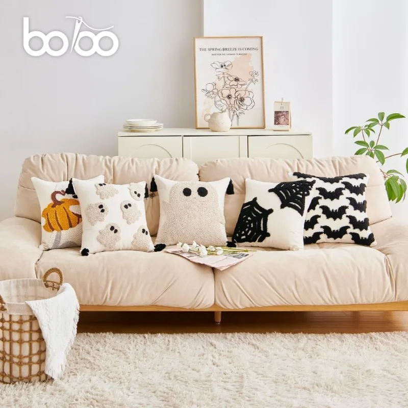 ปลอกหมอนอิงลายผีสำหรับโซฟา ปลอกหมอนปักลายฟักทองขนาดเล็กพร้อมซิป ของตกแต่งบ้านสำหรับวันฮาโลวีน