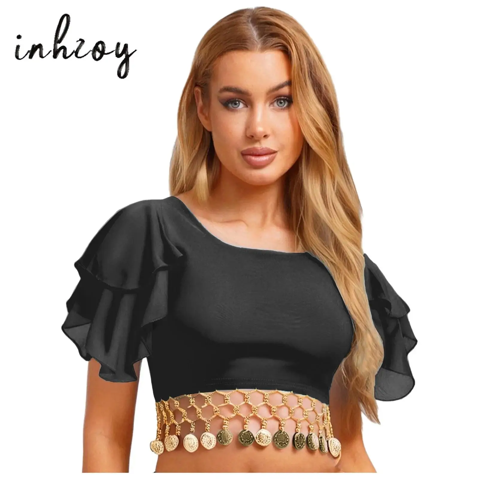 

Womens Belly Dance Costume Belly Crop Top Crew Neck Lotus Sleeve Gold Tassel Blouses Crop T-shirt for Ethnic Dance Stage Show