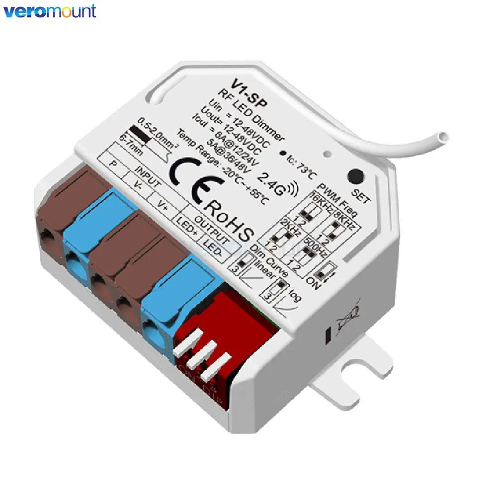 Skydance V1-SP RF Dimming LED Controller 1CH*6A 12-48VDC Mini LED Dimmer Push Switch Dimming Funtion 3s Fade Mode RF 2.4G Remote