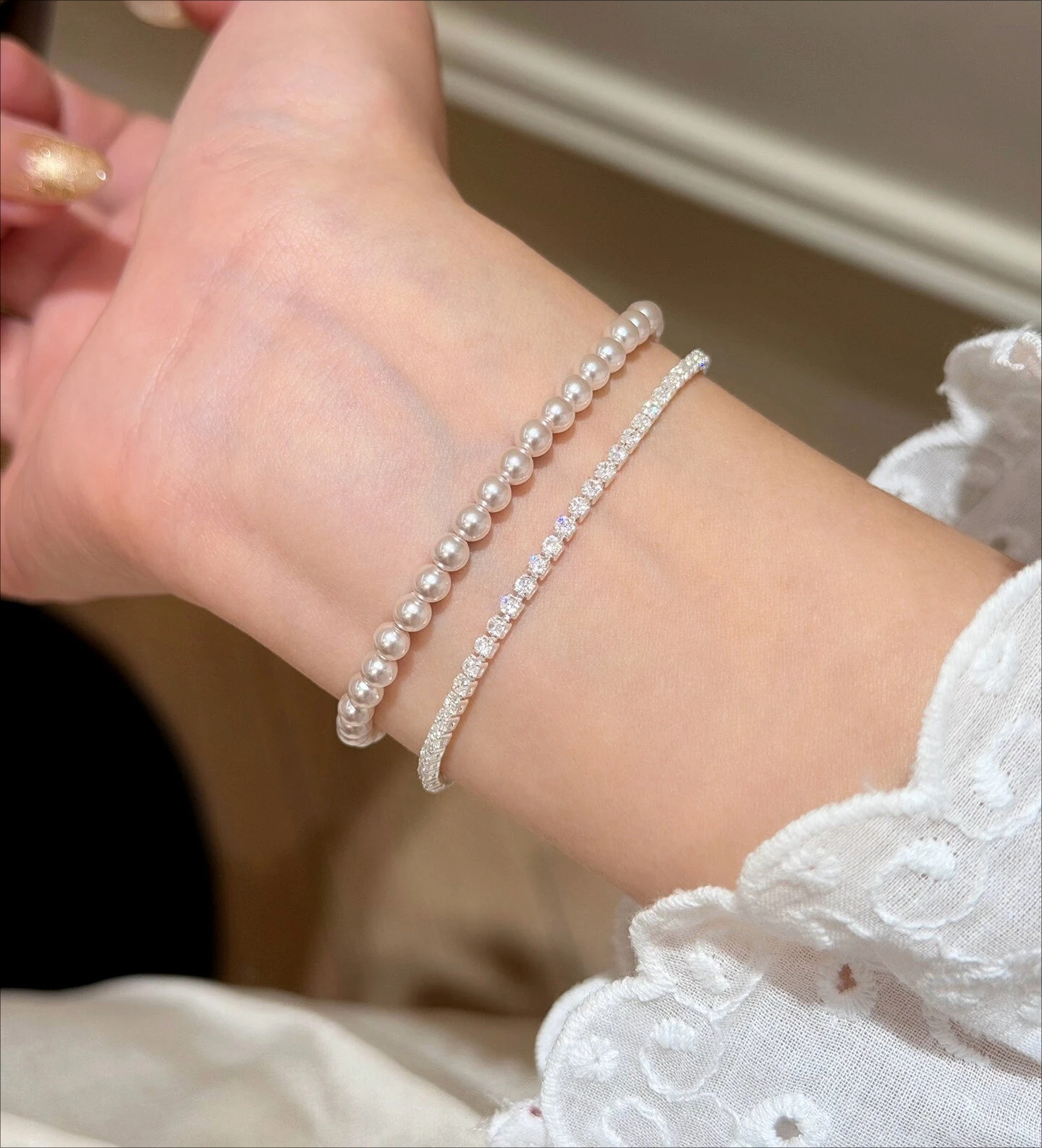Double-layer Stacked Pearl Full Diamond Bracelet Women's New Light Luxury Jewelry