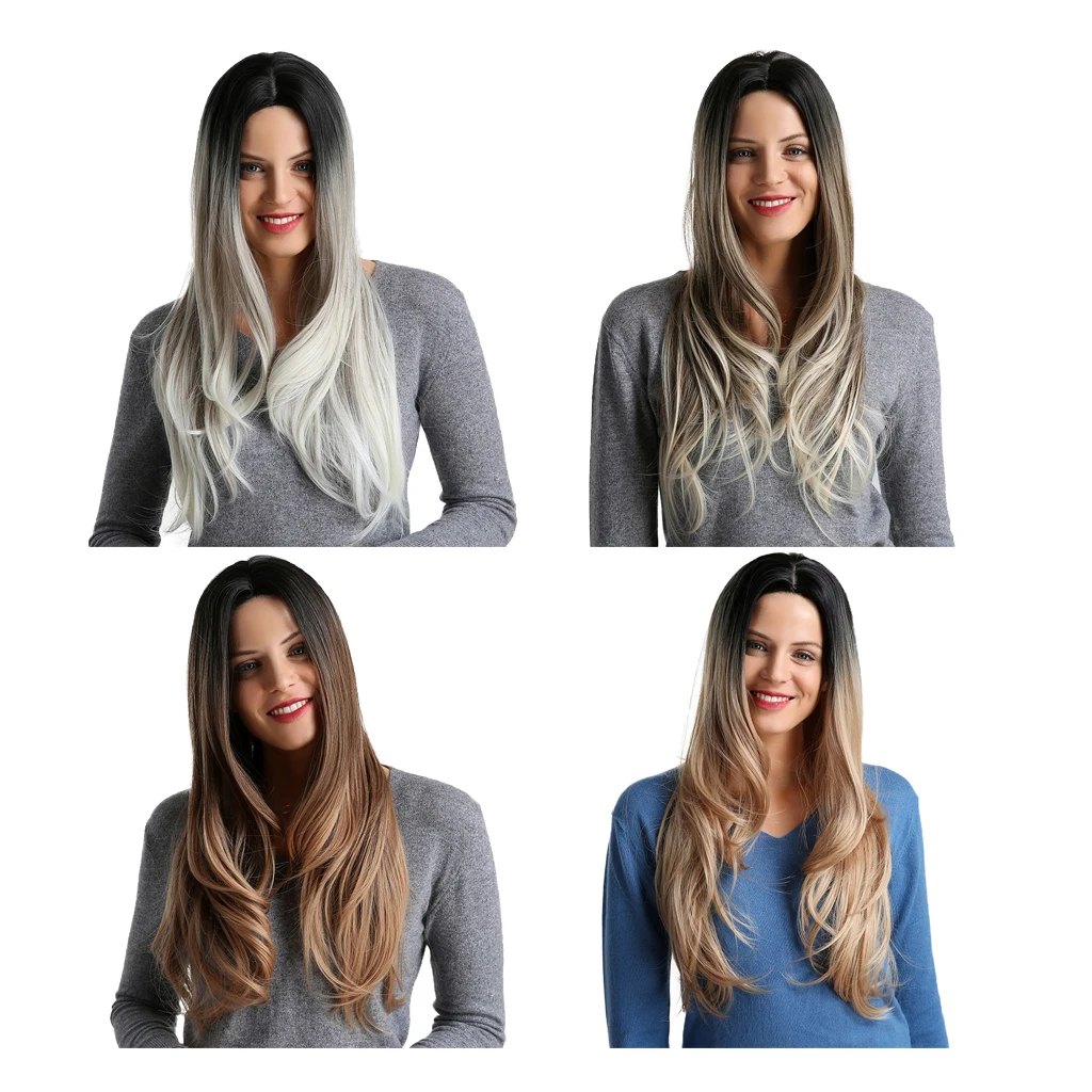 

26-дюймовый женский длинный прямой волнистый синтетический костюм со средней частью и шапочкой для парика