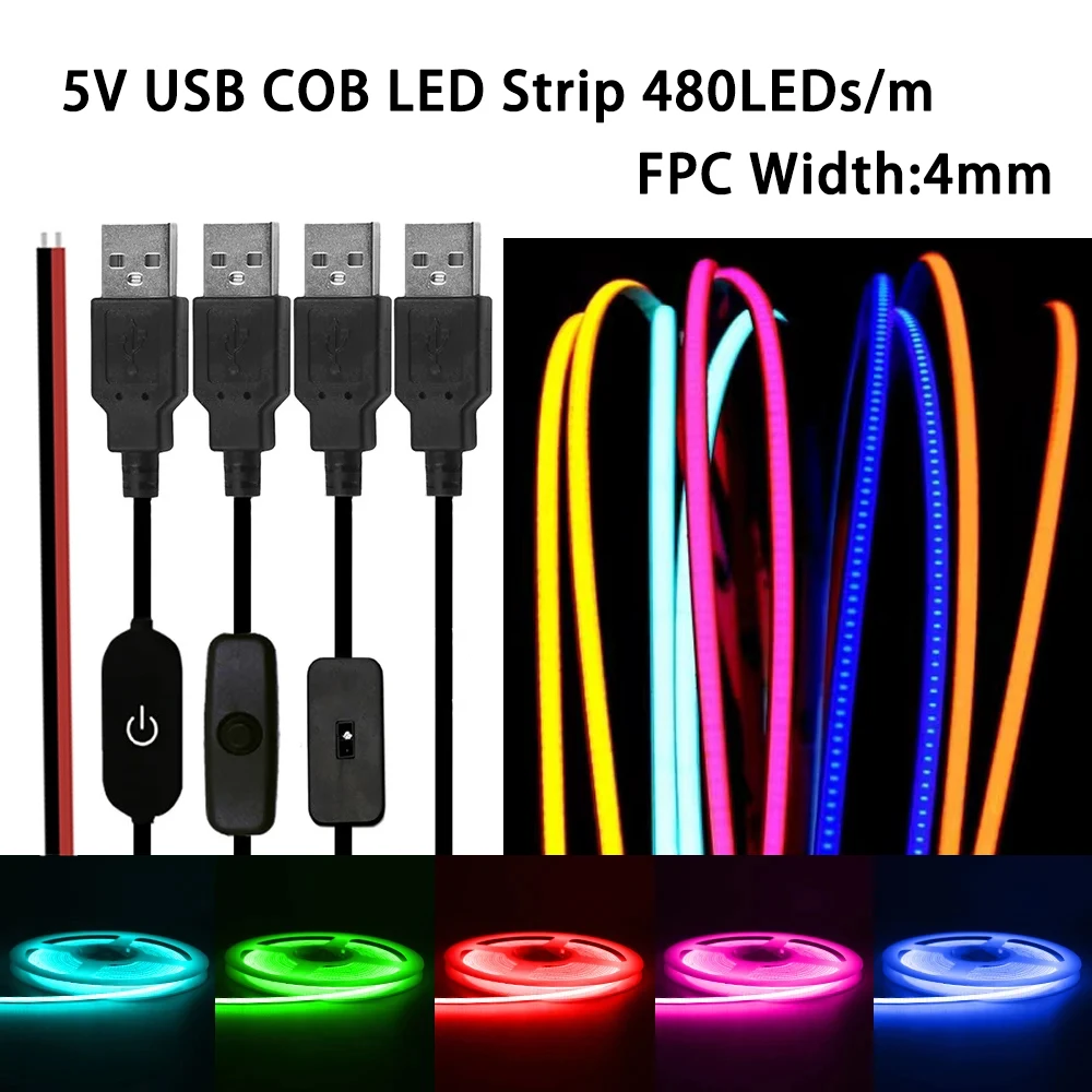 Imagem -06 - Usb Cob Led Strip Lights para Computador Fita Fita Fita Cor pc Decor Gabinete Ice Blue Rosa Vermelho 480leds por m Fpcb Largura 5v mm