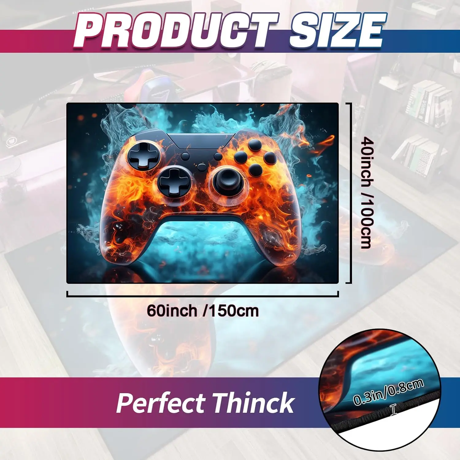 سجادة منطقة الألعاب للأولاد المراهقين، تصميم وحدة التحكم في ألعاب Fire with Flames Gamepad لغرفة الألعاب، غرفة الألعاب، غرفة نوم الأولاد والبنات