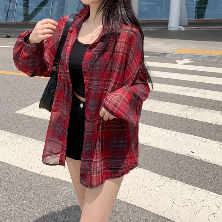 Plaid Shirt Women Sheer Chiffon Long Sleeve Collared Button Up Top Female Single Breasted Blouse Ladies Loose Thin Check Shirts