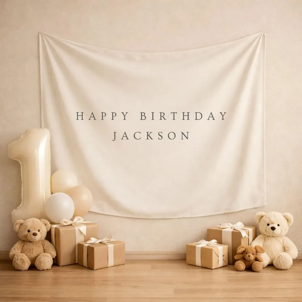Boho Neutral 2nd Birthday Backdrop Personalized Name Fabric Banner Beige Kids Party Photo Booth Wall Hanging Decor - view 6