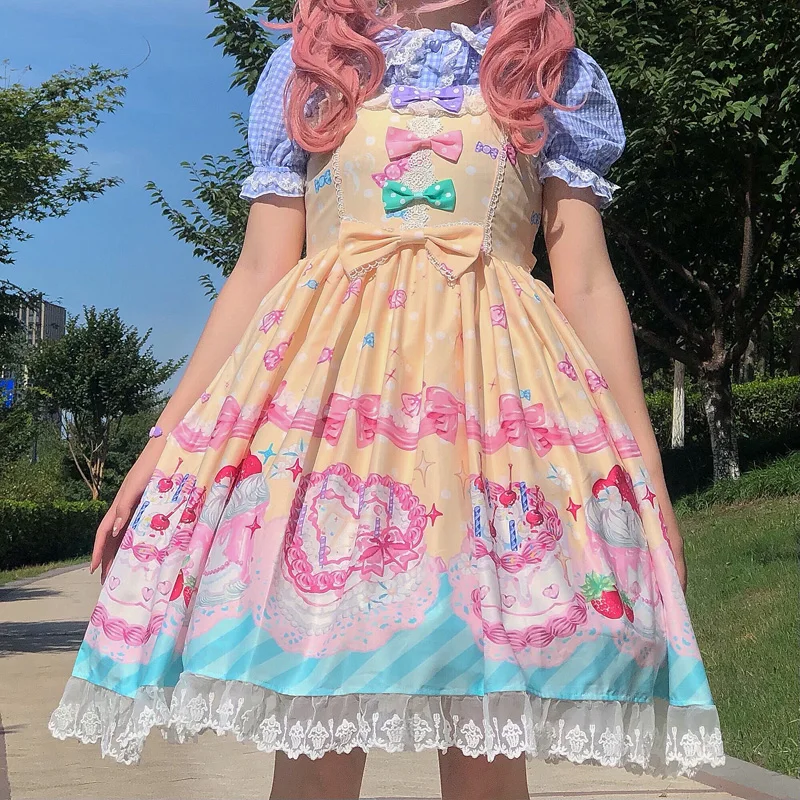 Japanese Lolita Style Gothic Girly Women Dress Summer Sweet Kawaii Cute Vintage Ruffle Bow Jsk Strap Ladier Princess Dress 2021