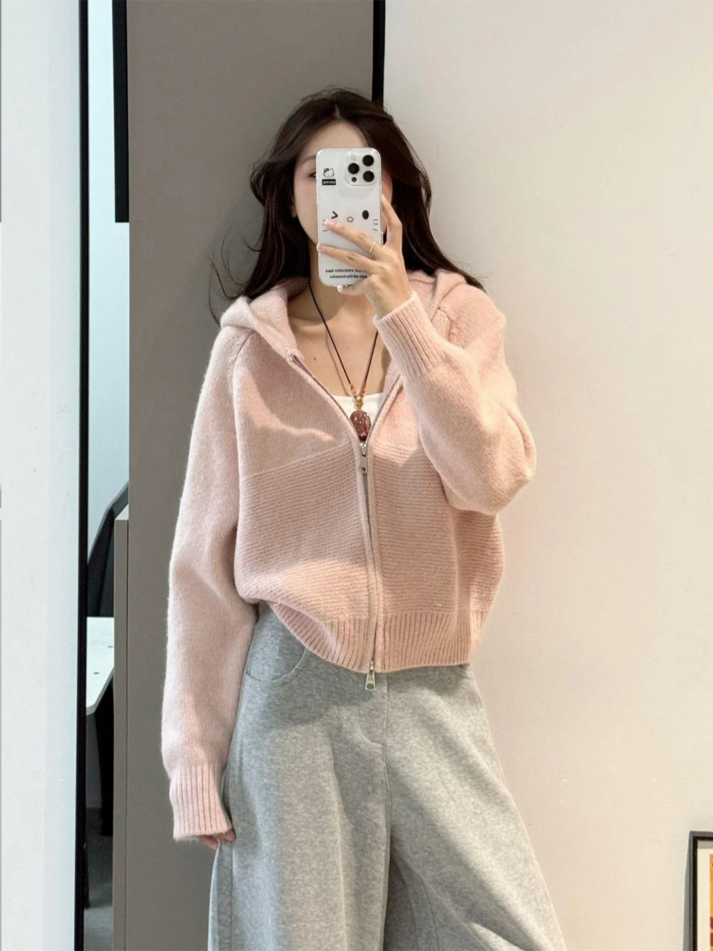 

Korean Sle Long Sve Knitted Zipper Hoodie Women's Autumn Winter Beautiful Cardigan Top Soft Polyester Fiber Casual Wear