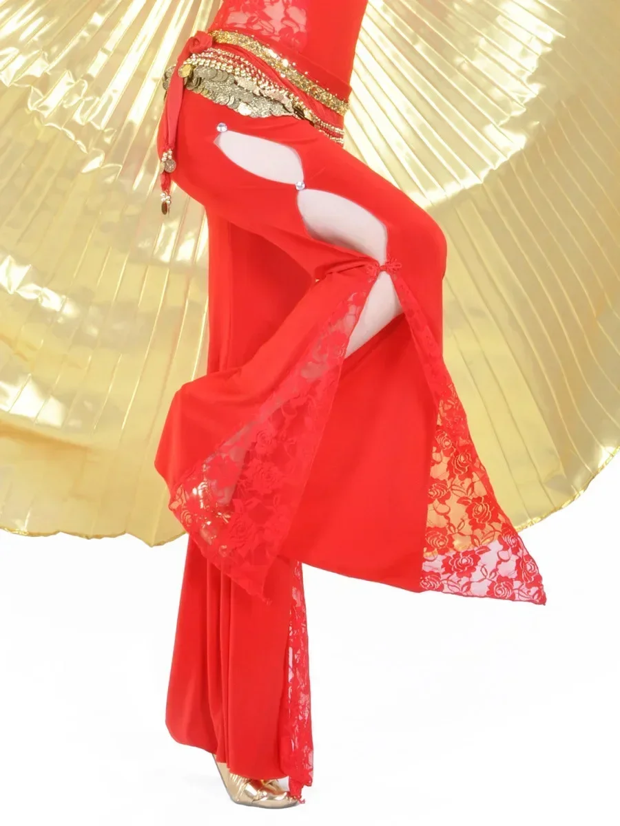 Pantalones de Danza Oriental con Parches de Encaje para Mujer, Estilo Árabe, Jazz, Color Sólido, Flamenco, Danza del Vientre, Pantalones Sari con Abertura Lateral