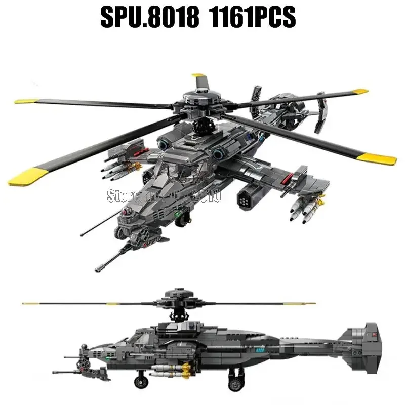 QJ5003 1161pcs Military Technology Fire Wolf Attack Helicopter Aircraft Army Weapons Children's Puzzle Building Blocks Toys