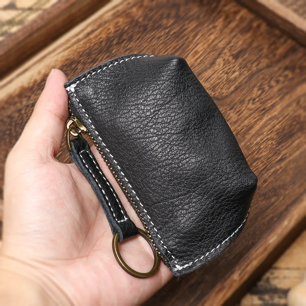 Genuine Soft Leather Mini Wallet Key Holder - Small Zipper Coin Purse Keychain Wristlet for Women and Men