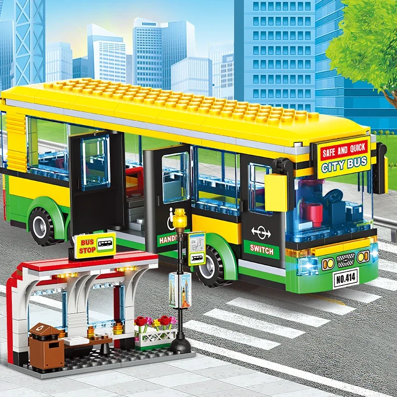 City car yellow bus school passenger station single layer bus model assembled blocks DIY toy children develop intellectual gifts