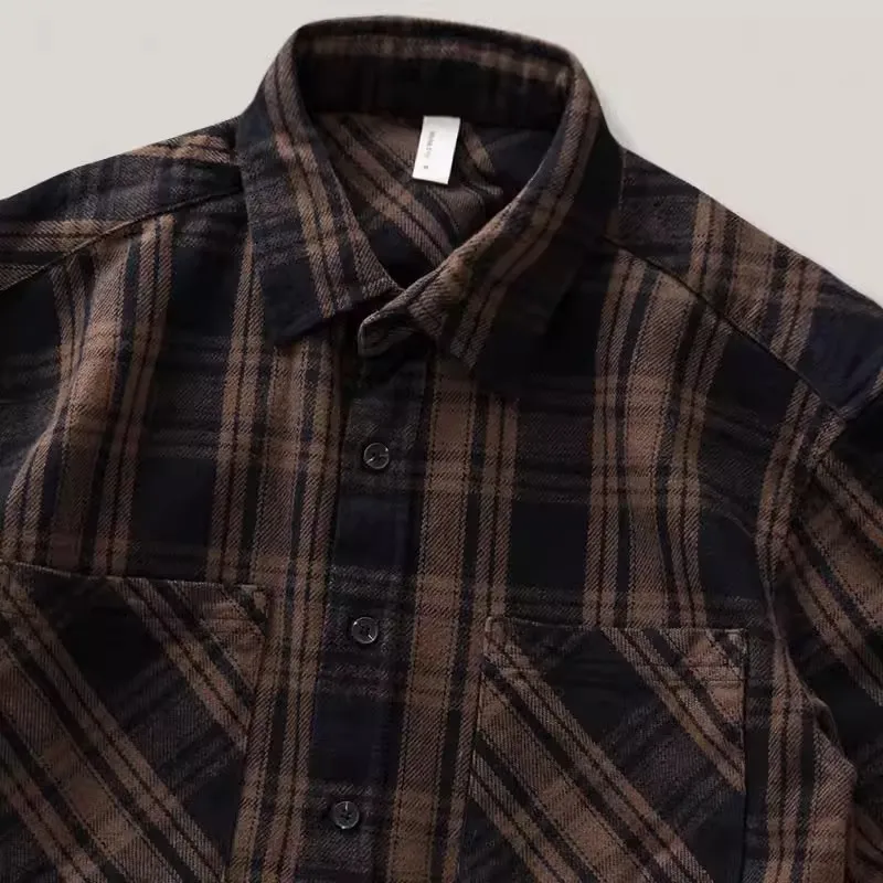 

plus Size American Retro Long Sve irt Men's Ameika Khaki Thi Pure Cotton Brued Loose Workwear Plaid irt Men