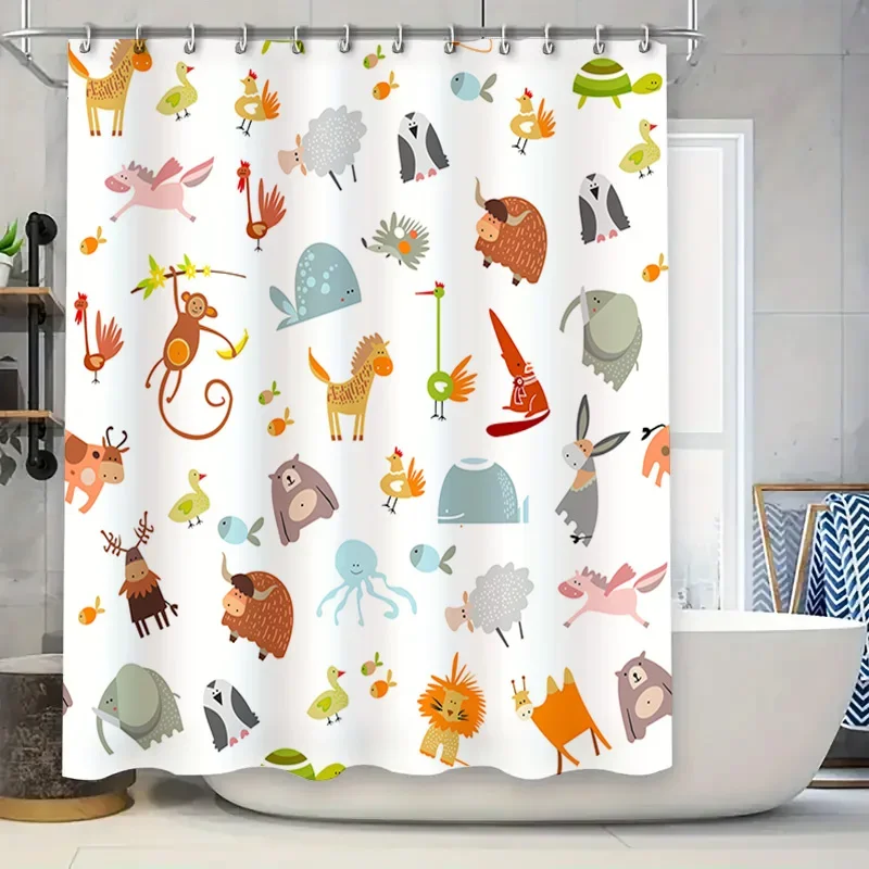 

Набор занавесок для душа с животным принтом, мультяшный дизайн с животными для декора детской ванной комнаты — водонепроницаемая ткань с крючками (белый)