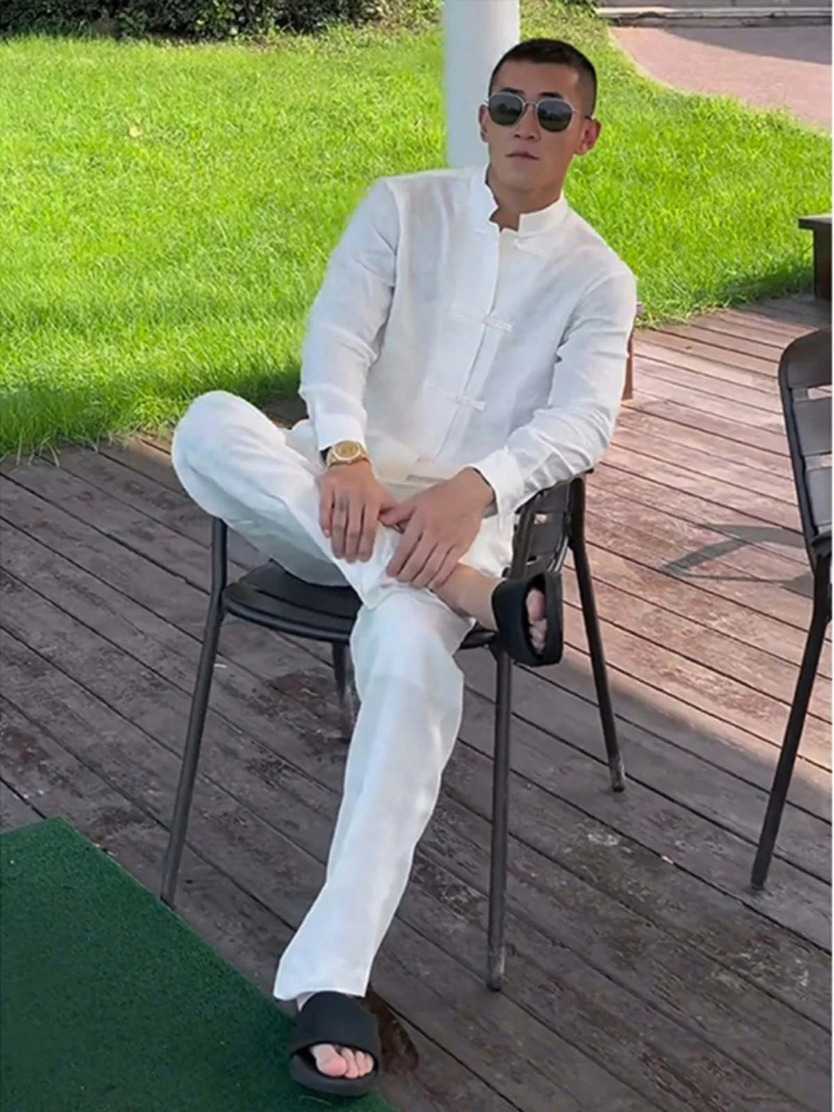 

Новая мужская одежда в китайском стиле Long Sve irt, белая хлопковая льняная одежда с воротником-стойкой на пуговицах, свободная молодежная осенняя одежда Faion