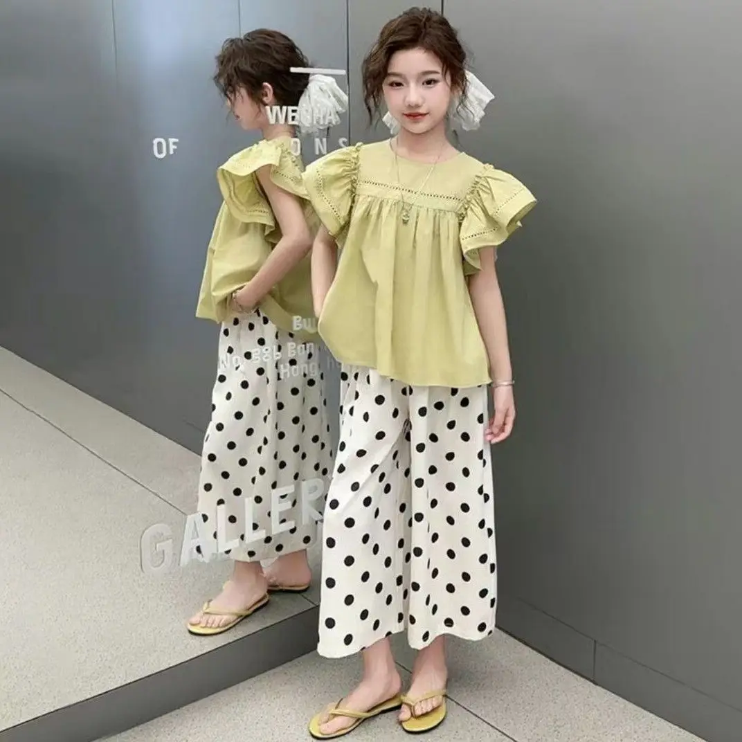 Girls Summer Stylish Middle Big Kids Flutter Sleeve Doll Dress Polka Dot Wide Leg Pants Two Piece Set Summer Complete