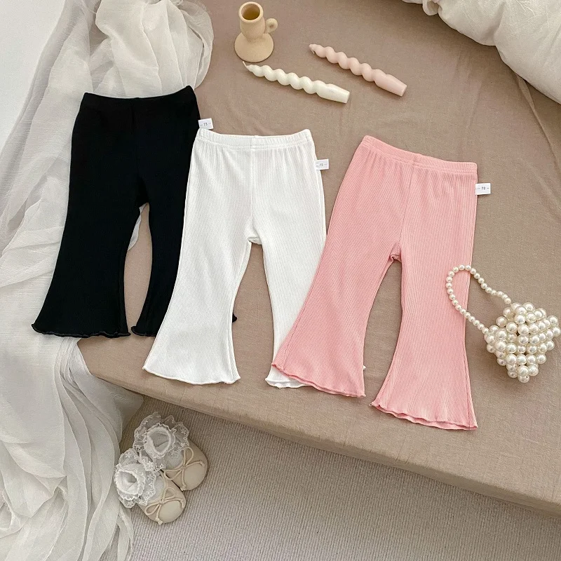 

New Summer Kids Pant 0-5Years Children Girl Solid Color Elastic Waist Ribbed Flared Pants Bell Bottom Casual Cotton Trousers