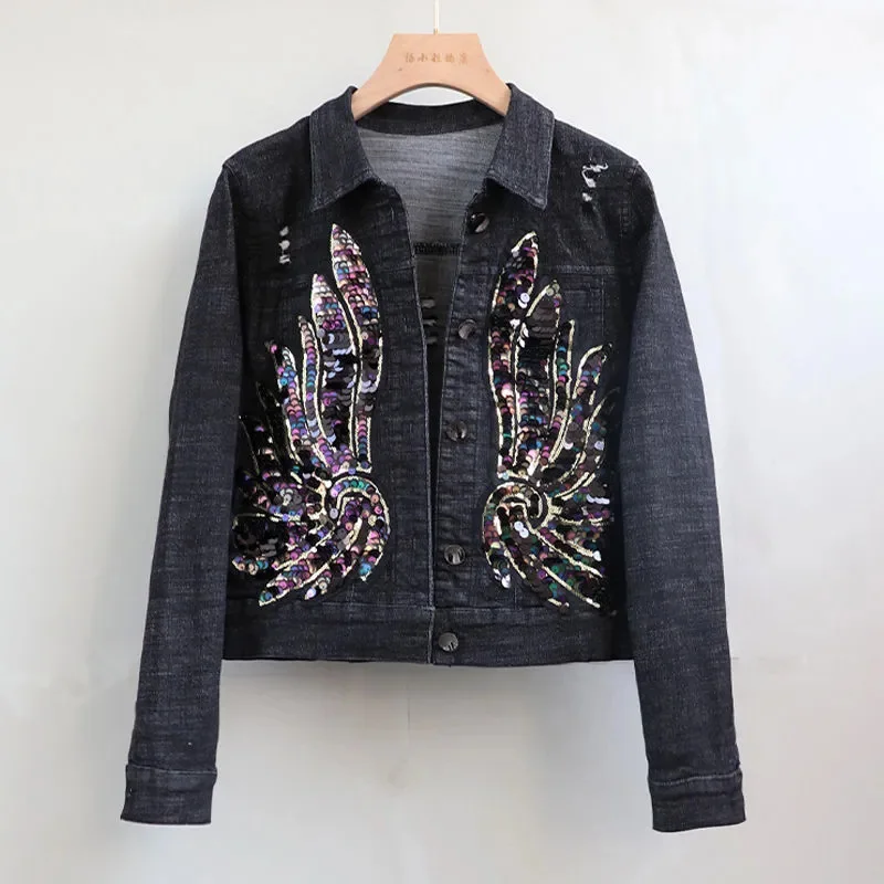 Korean Elastic Denim Jacket Women's 2024 Spring New Fashion Slim Embroidered Sequin Long sleeved Coat Female Cowboy Short Tops - Image 4