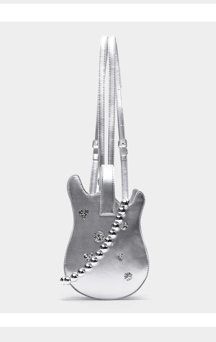 Original Metal Chain Bead Rivet Crossbody Mini Backpack Instrument Guitar Bag Heart-shaped Sparkling Diamond School Backpack
