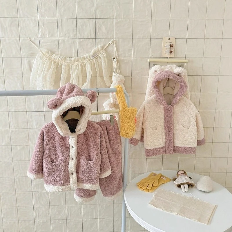 

2025 Children's Winter New Color blocked Hoodie with Velvet Home Sleepwear Jacket and Pants Two Piece Set