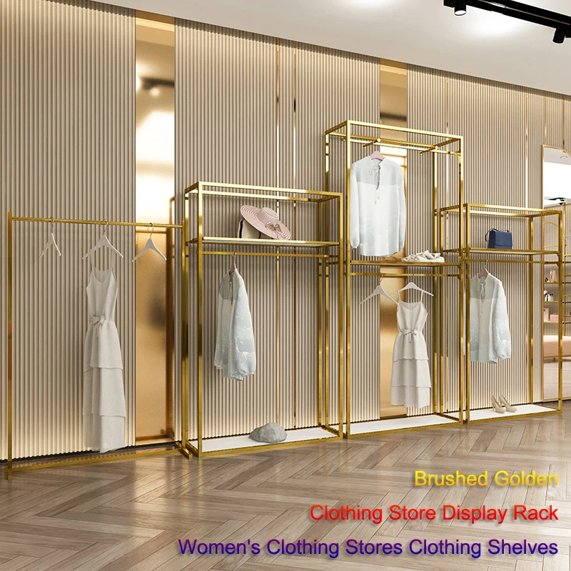 

Brushed Gold Heavy Duty Stainless Steel Closet Freestanding Large Wardrobe System for Hanging Clothes Clothing Display Shelves