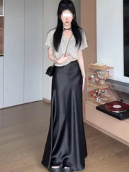 Black Silk Satin Acetic Acid Half Skirt for Women's Summer Elegant Long High Waist Wrapped Hip Fish Tail Skirt