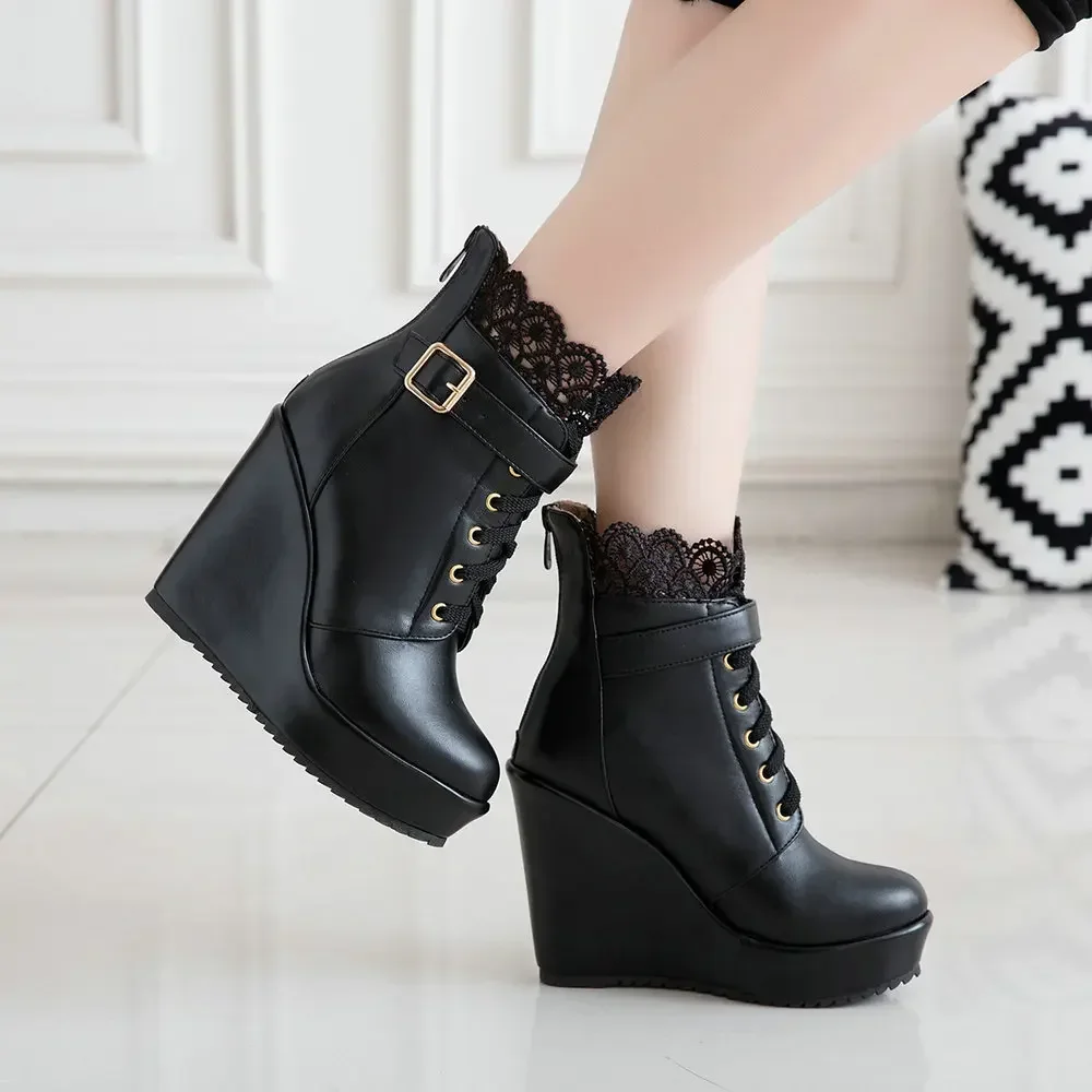 Size 34-43 Winter Buckle Super High Wedges Platform Ankle Boots for Women Lace Up White Black High Heel Ladies Shoes Bootie