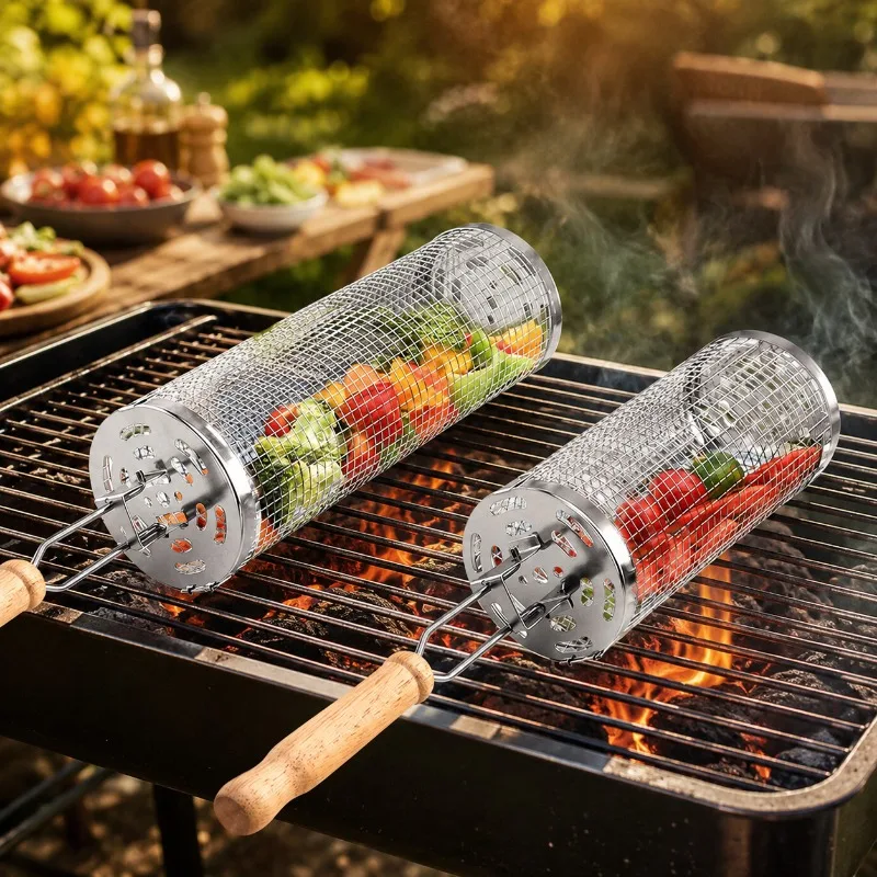 Round Barbecue Grill Basket Set Stainless Steel Rolling Steel Mesh Tube Barbecue Grill with Handle Essential for Outdoor Camping