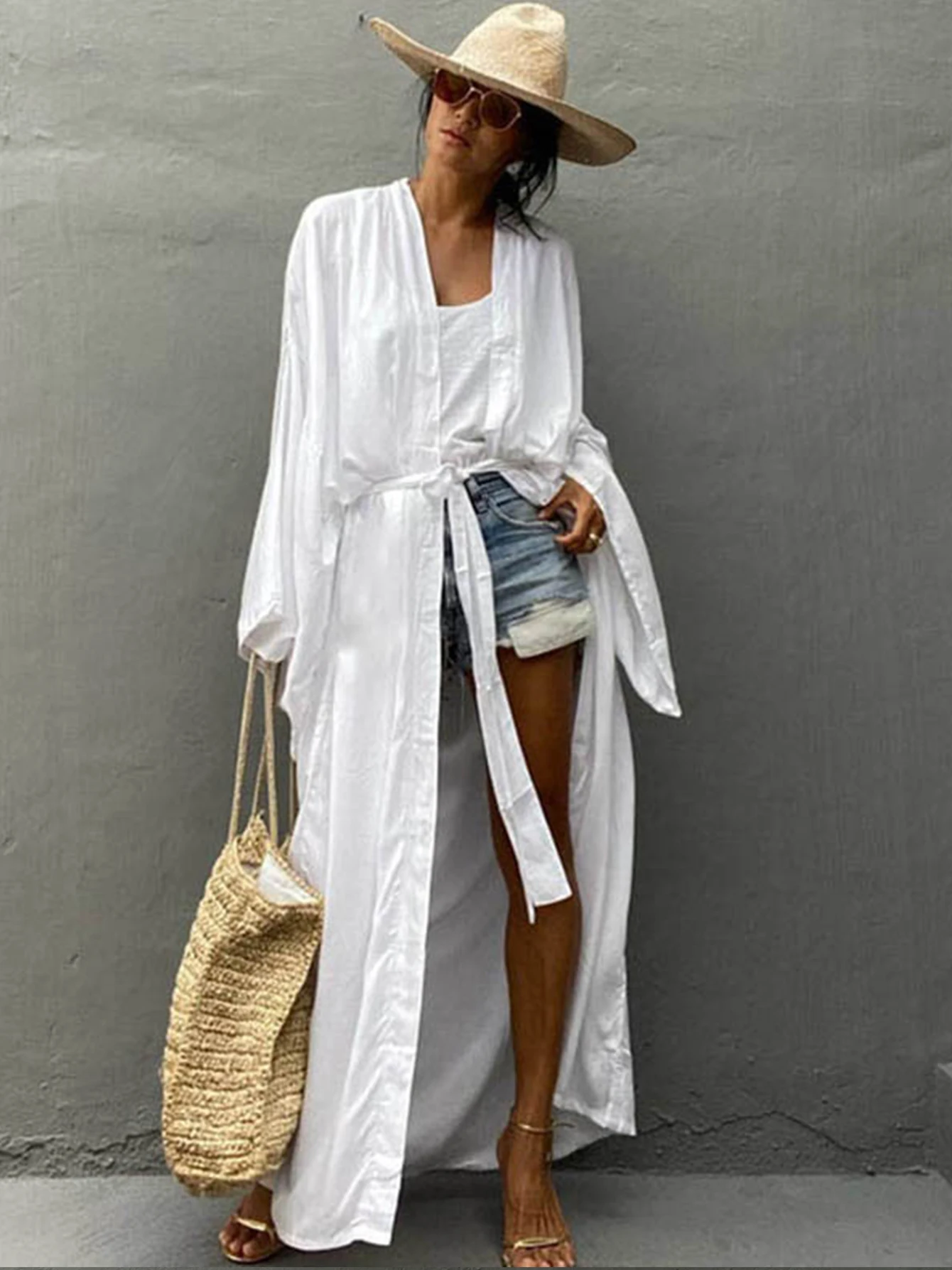 Sexy New Long Sleeves Beach Cover Ups Women`s Swimwear 2024 Solid Color Belt Swimsuit Kimono Tunic Bathing Suit Beach Wear