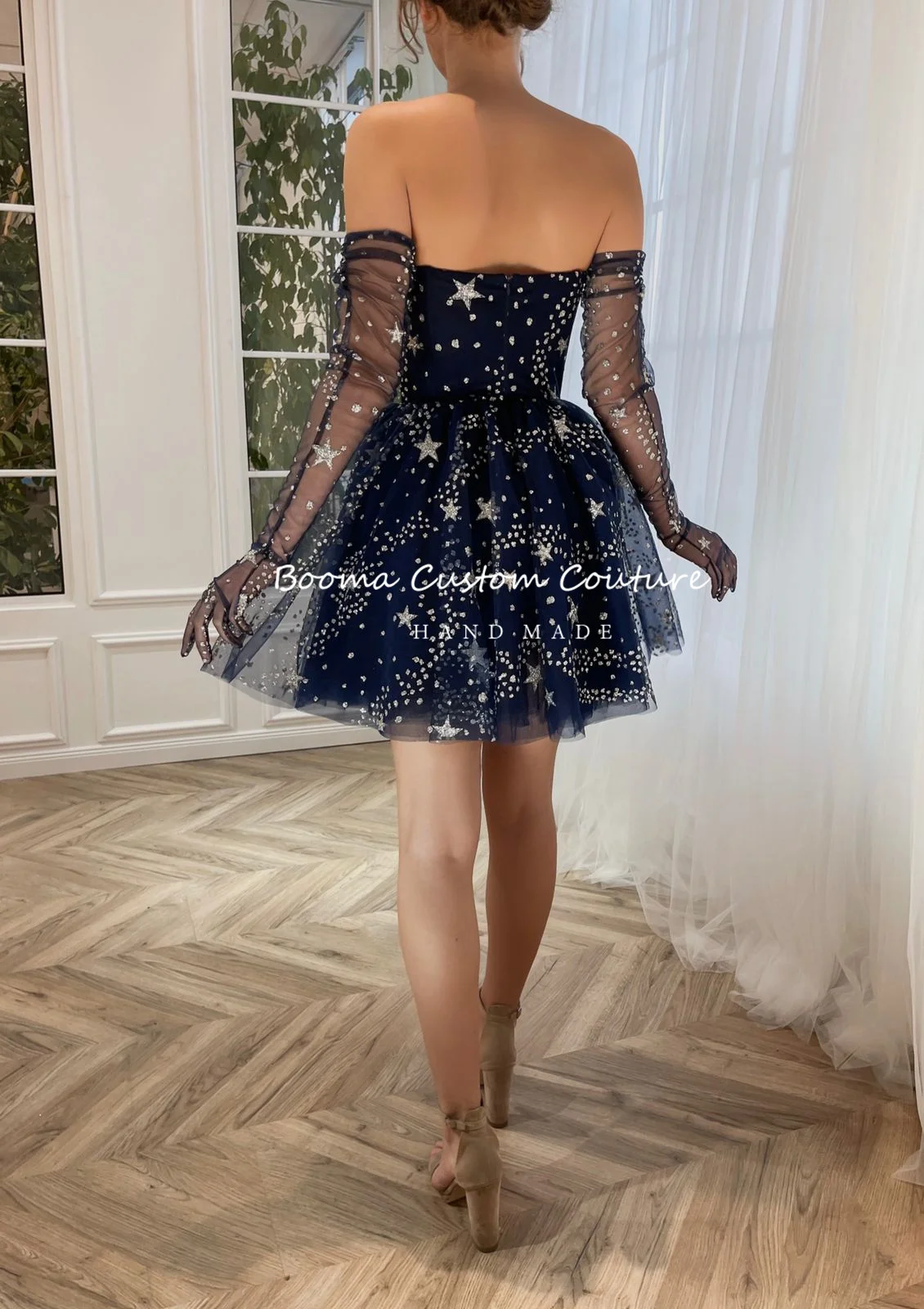 Booma Glitter Navy Blue Starry Tulle Mini Prom Dresses Sweetheart Above Knee A-Line Evening Party Gowns Short Formal Event Dress