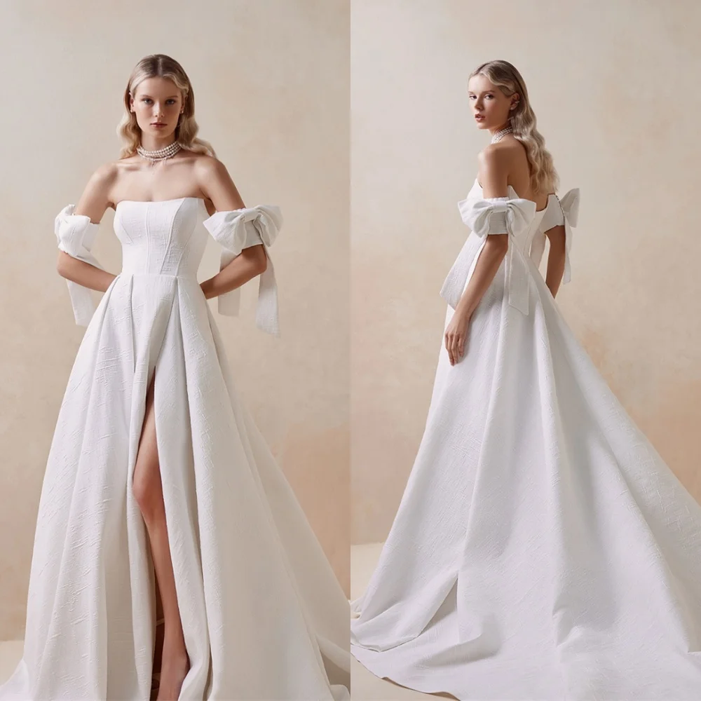 

Customized Exquisite White Satin Bridal Gowns Simple Strapless Off the Shoulder Wedding Dress Chapel Train Open Back Dress