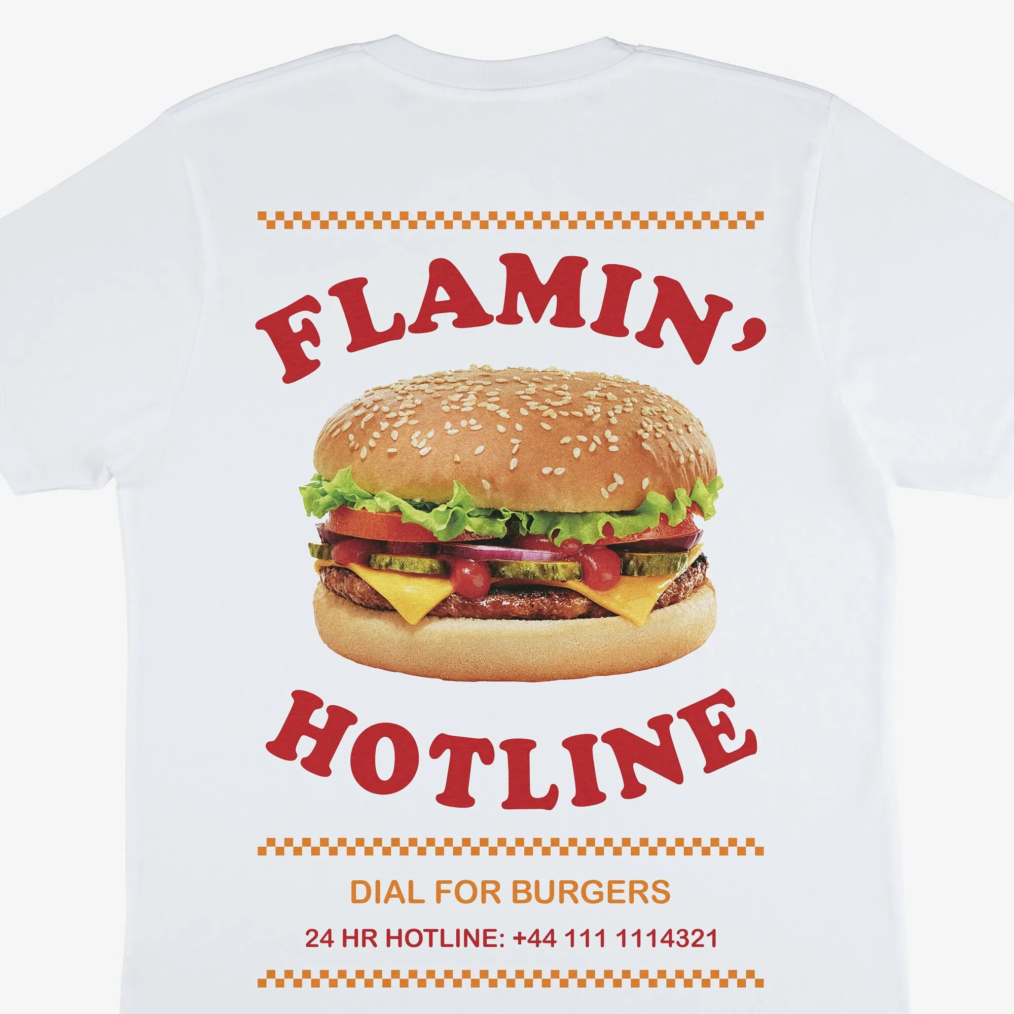 Flamin’ Hotline Unisex Giant Burger T-Shirt in White