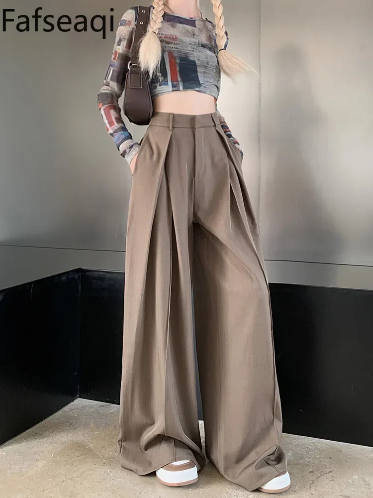 Khaki Wide Leg Trousers for Women 2024 Autumn High Waist Loose Draped Full Pants with Folds Baggy Women's Straight Suit Pants