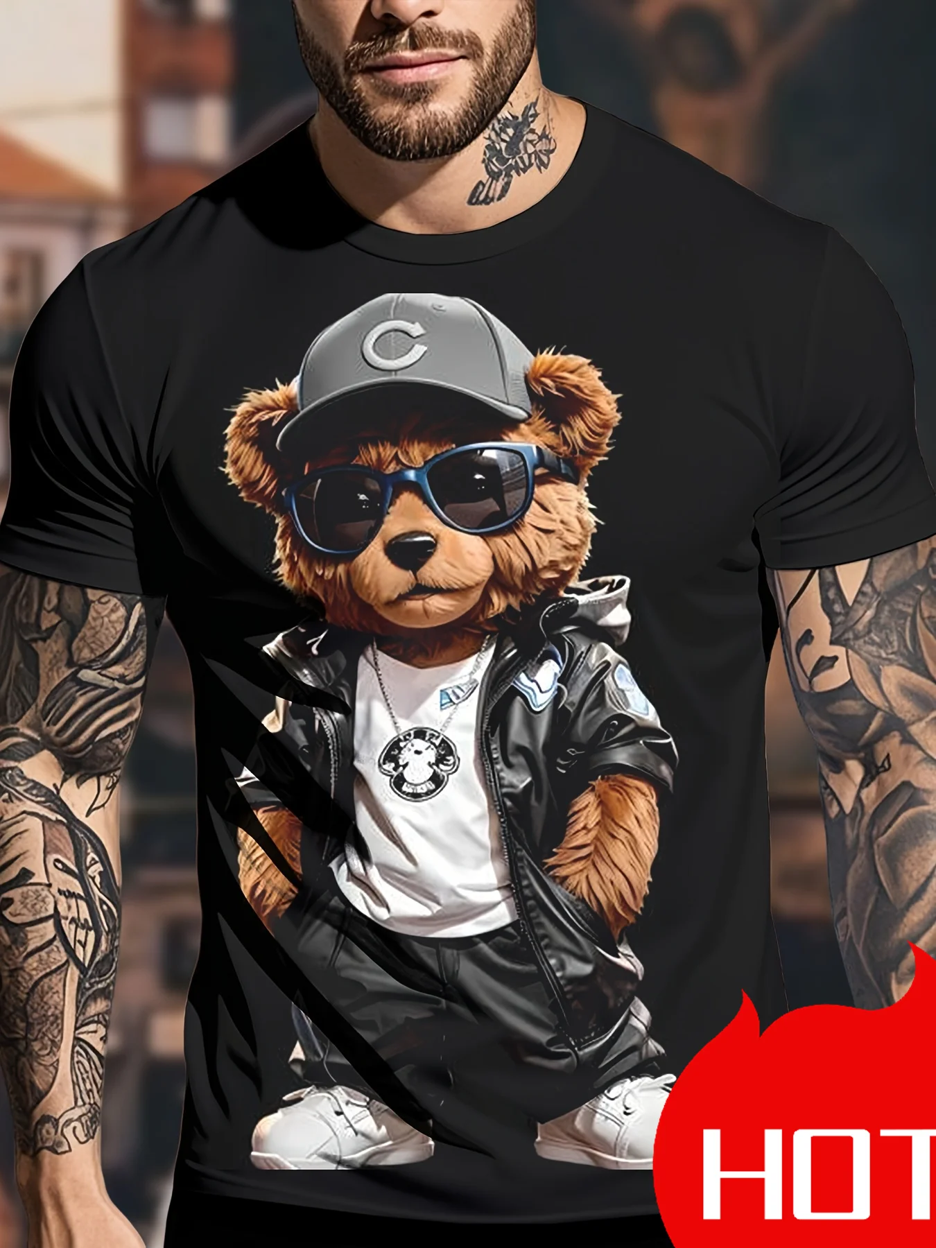 Men’s Streetwear Bear Graphic T-Shirt, Black Short Sleeve Tee, Cool Hip Hop Cartoon Print for Casual Daily Wear