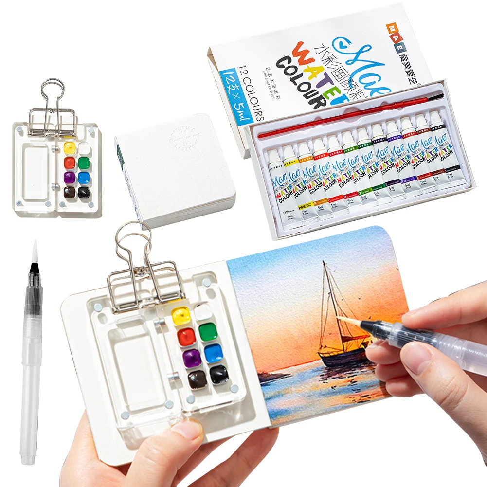 لوحة طلاء للسفر، كتاب رسم بالألوان المائية مع مشبك مجلد، لوحة طلاء ألوان مائية، طقم سفر، صندوق طلاء شبكي من الأكريليك