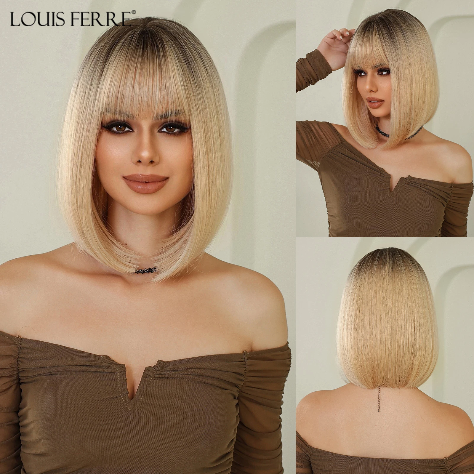 LOUIS FERRE Short Straight Blonde Synthetic Wigs for Women Light Golden Black Roots Natural Hair Wigs With Bangs Lolita Cosplay