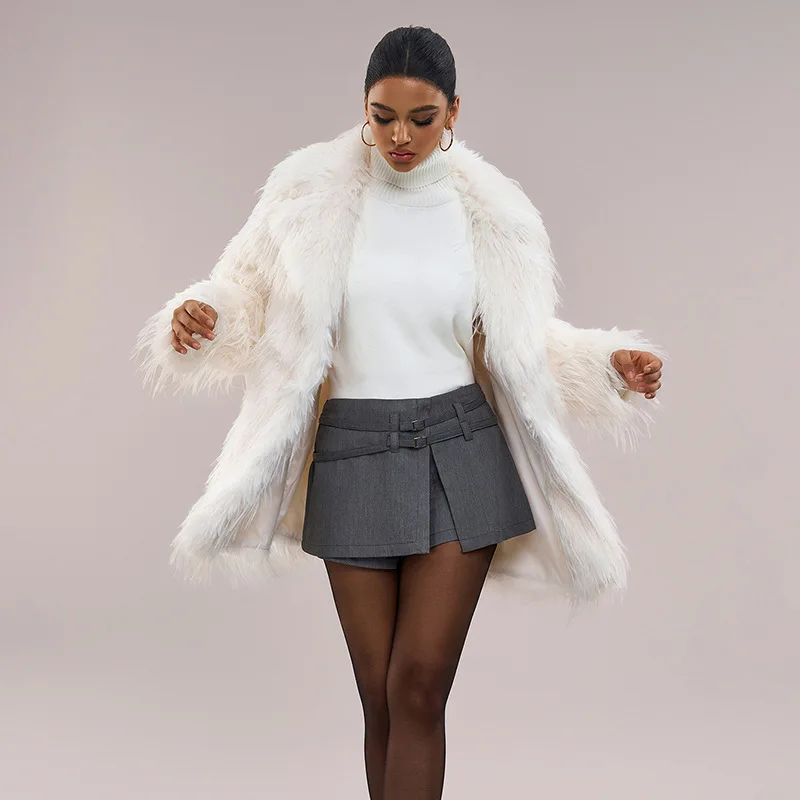 White Faux Fox Fur Coat Women Lapel Artificial Fur Plush Jacket Mid Long Belted  Fluffy Jacket Winter Thick Furry Coat Outerwear