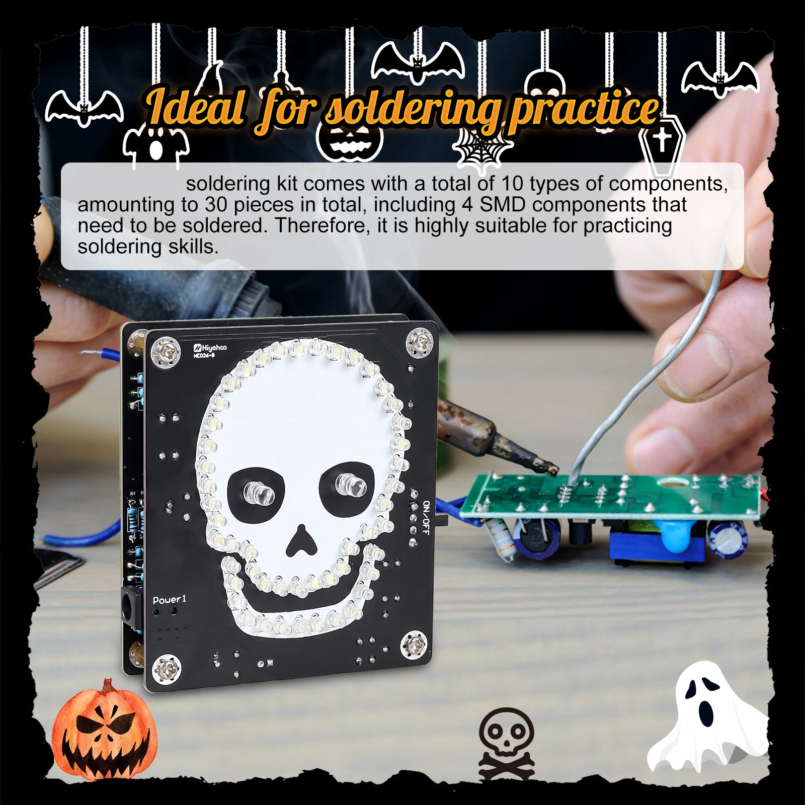 DIY Soldering Practice Kit Skull Ghost Soldering Project with Flashing Slowly Light Music Power Switch for Halloween STEM Learn