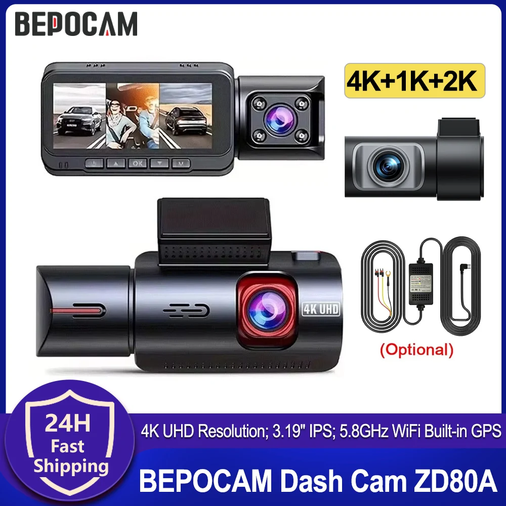 BEPOCAM 3-kanałowy wideorejestrator samochodowy 4K+1K+2K z wbudowanym GPS, Wi-Fi 5Ghz, kątem widzenia 170°, ekranem IPS 3,19 cala, funkcją nagrywania w nocy, monitoringiem parkowania 24H, model ZD80A
