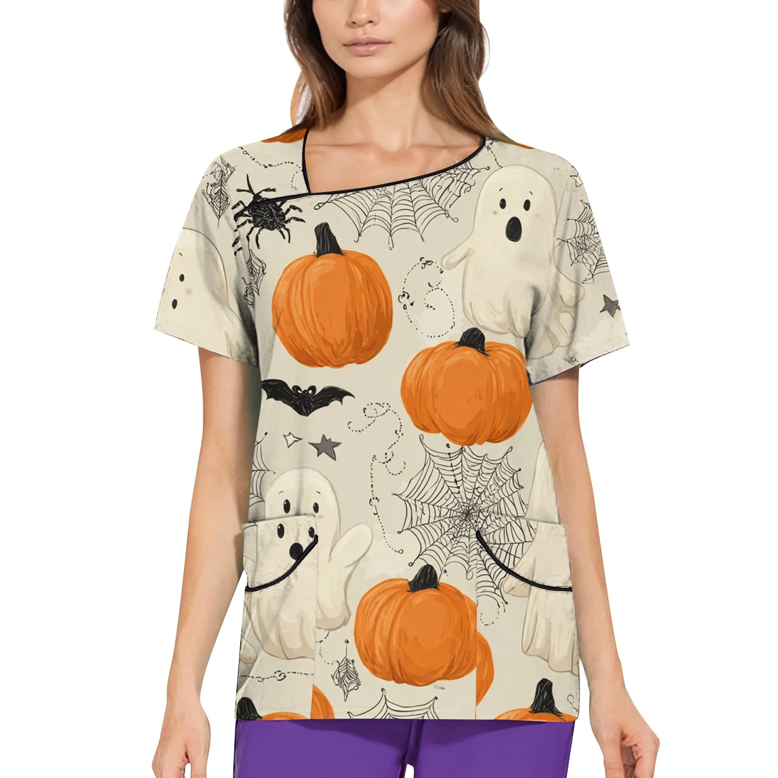 Dames Halloween bedrukte korte mouwen schuine kraag zak voedingstop schoonheidssalon scrubs T-shirts basisverpleeguniform