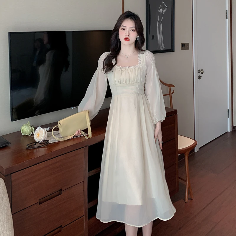 

Tea Break French Square Neck Court Style Dress Women Spring and Autumn New Orange Fairy Long Dress Commuter Casual Dresses