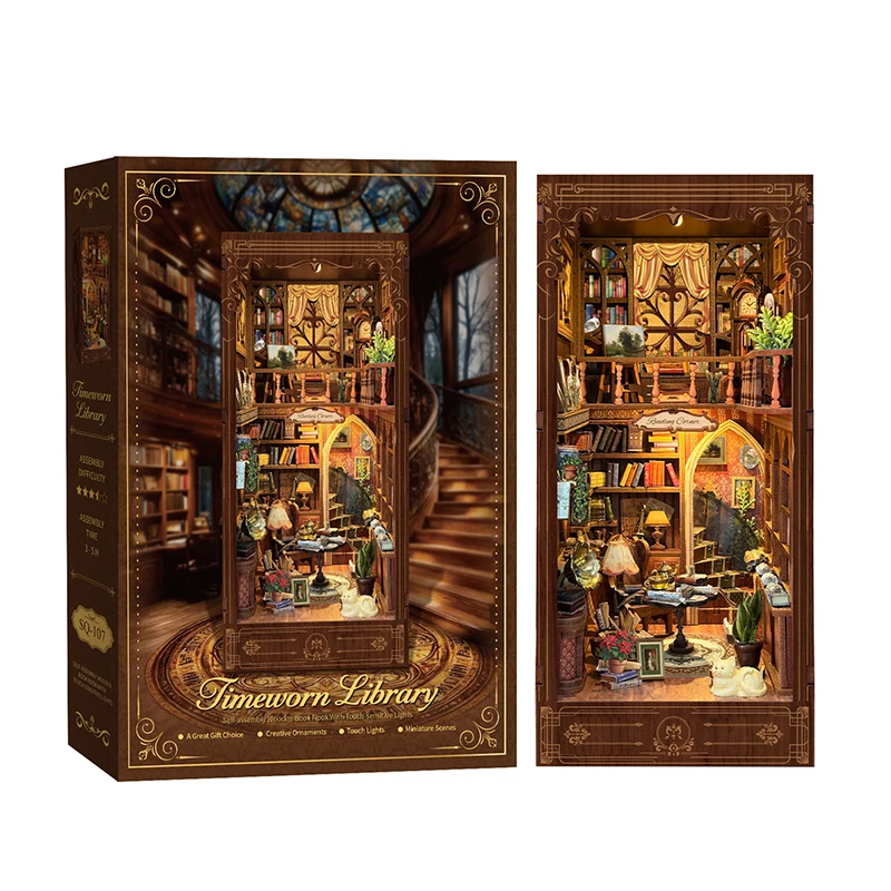 

DIY Book Nook Wooden Miniature Model Kits Timeworn Library Bookend 3D Puzzle Bookshelf for Friends Birthday Gifts