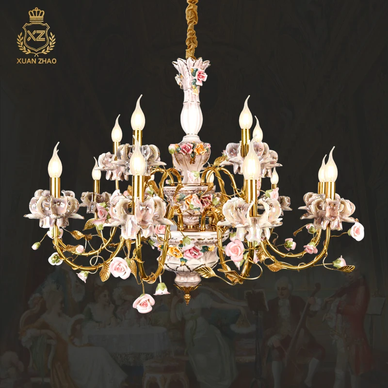 French Style 15 Lights Brass Chandelier With Porcelain Flowers Chandeliers Hotel Lighting Lamp