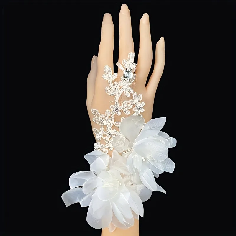 Bridal Gloves for Wedding Dress with Flowers Diamond Adjustable Drawstring Lace Wedding Accessories