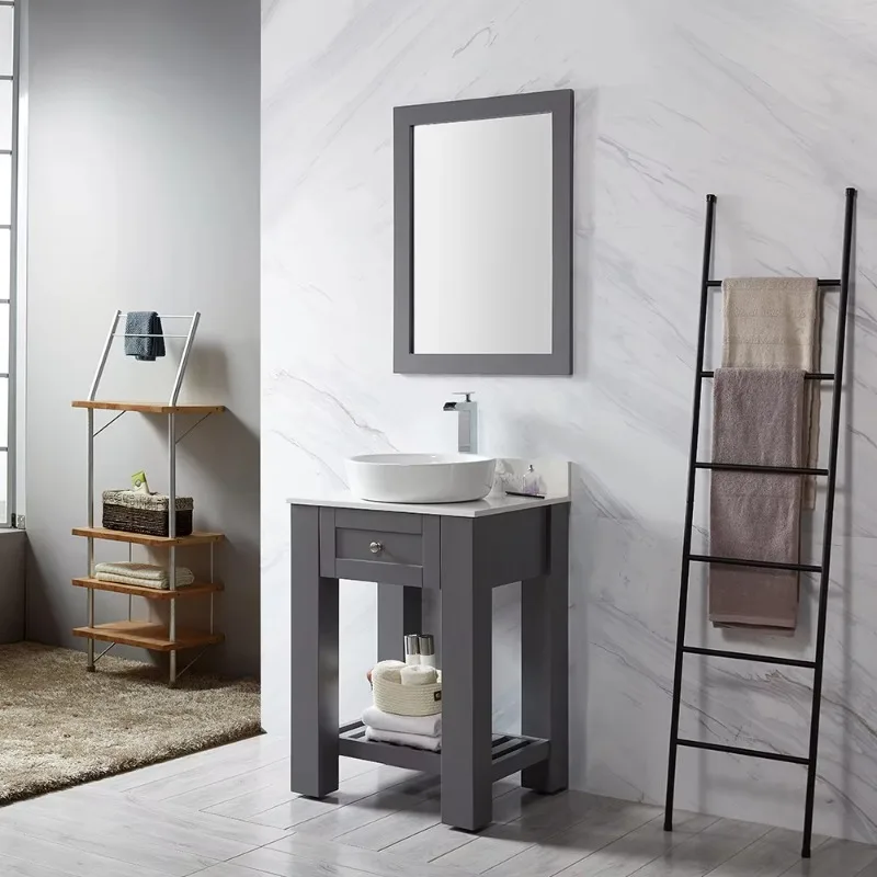 

The small bathroom uses a freestanding single sink vanity solid wood waterproof bath cabinet